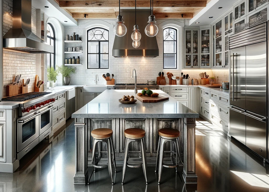 A sleek Montreal kitchen that masterfully combines vintage charm with contemporary chic.