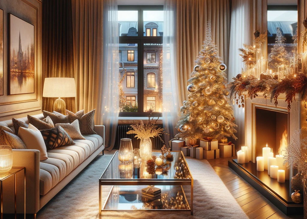 A warm and stylish Montreal living room adorned with elegant decorations, ready for the winter season.